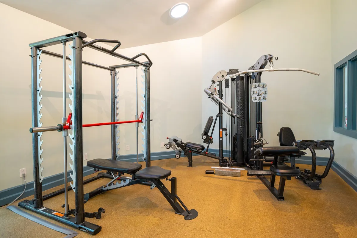 A modern and well-equipped fitness center featuring weight lifting equipment, a multi-station gym machine, and an exercise bench. The room is filled with natural light and exudes an energetic, focused atmosphere, inviting guests to pursue their fitness goals even on vacation.