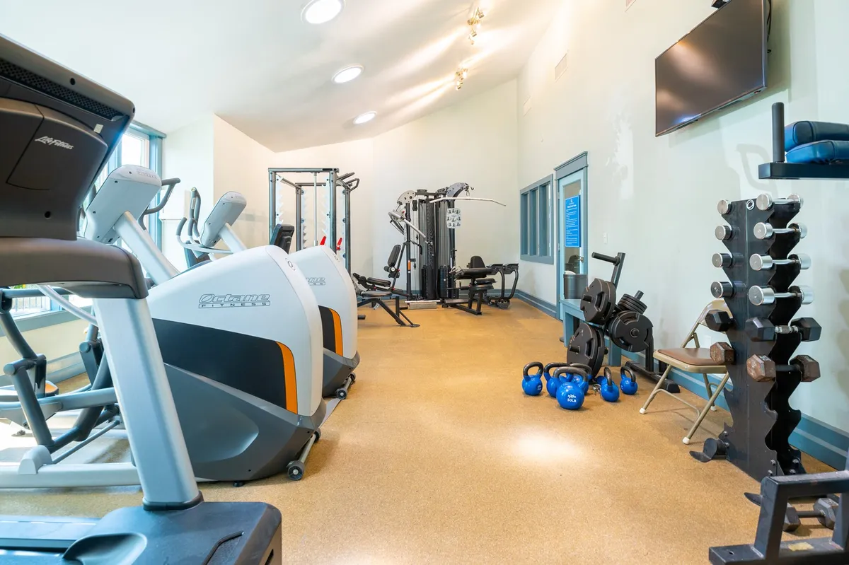 A bright, modern fitness center equipped with treadmills, weight machines, free weights, and exercise mats. The space is energetic and welcoming, designed for both solo workouts and group fitness activities.